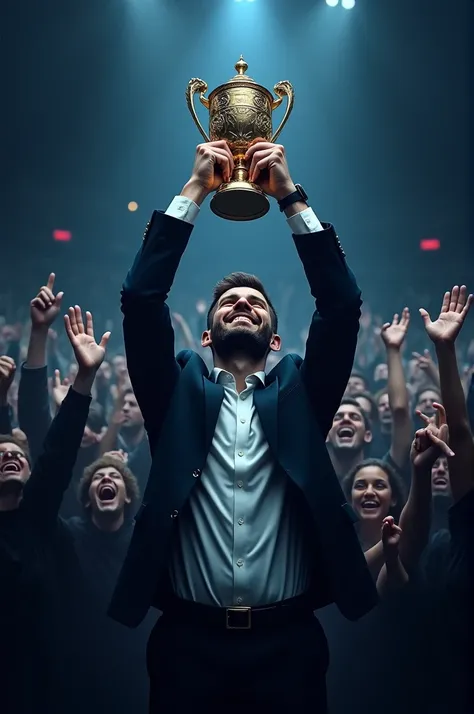 image of a man holding a trophy and surrounded by many people, black image color, white, blue