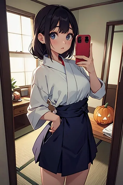 a beautiful Japanese woman looking at her reflection in a mirror, extremely detailed face, beautiful eyes, long eyelashes, detailed lips, elegant hairstyle, wearing a sexy Halloween costume, mirror zoom effect, high quality, 8K, hyper detailed, masterpiece...