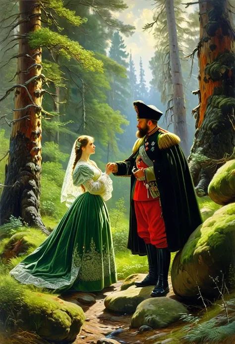 oil painting, couple in the forest, Shishkin, painting by Ivan Shishkin, Ivan Shishkin, 4k, huge boulders covered with moss, century-old pines, man in hussars uniform explains his love to girl in long dress with lace, high detail, dramatic scene