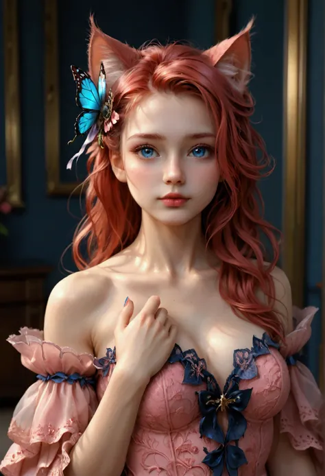 (Best Quality, 8K, Masterpiece, HDR, sharp Lighting, Picture Perfect, Realistic, Vivid), fantacy Girl (1.0), fantacy Girl with Red Hair and blue eyes and magical dress, Pink Bodysuit with Glitter Texture, Beautiful Anime Fantasy, Very beautiful and cute fa...