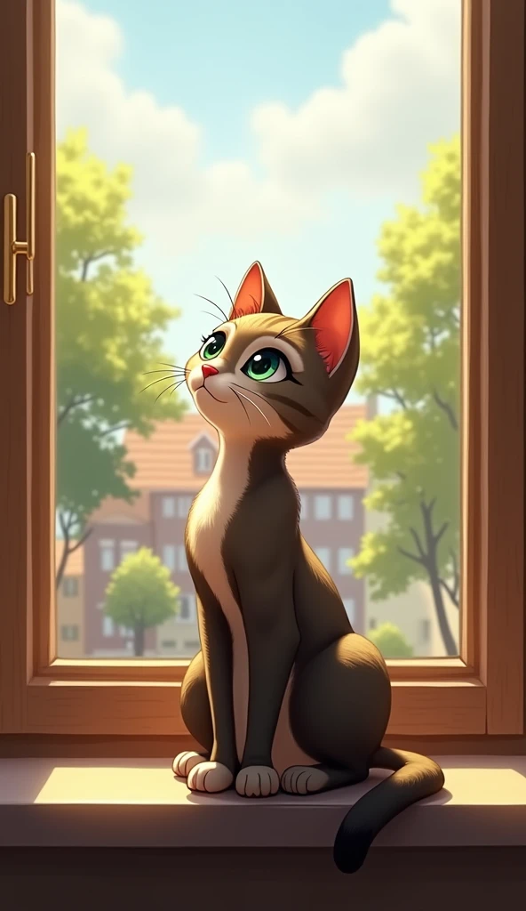 Prompt: "A curious cat sitting on a windowsill, peering outside with wide, attentive eyes. The background shows a sunny day with trees and houses visible outside."