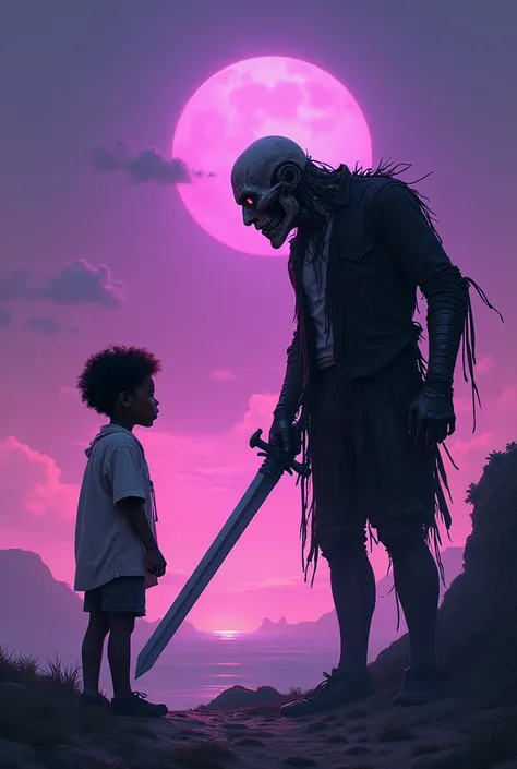 A  black child with a sword looking at his slightly older self whos disfigured and has a missing eye with only one robotic eye  lunching at him.  a purple sunrise on the way up