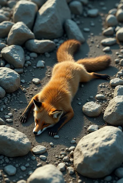 Create an image of a fox that fell off a cliff and died by falling on top of large, small and medium-sized rocks. 