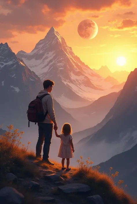 Man with daughter Near the mountain and sun, moon, Jupiter