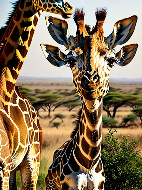 ((8k, Best Quality, Masterpiece: 1.3)), Ultra High Resolution, ( animal), Highly Detailed Eyes, Highly Detailed Face,The giraffe is 5〜6 Meter Hall々A herbivore、Its particularly long neck and legs are characteristic.。The body color is mostly yellowish brown ...