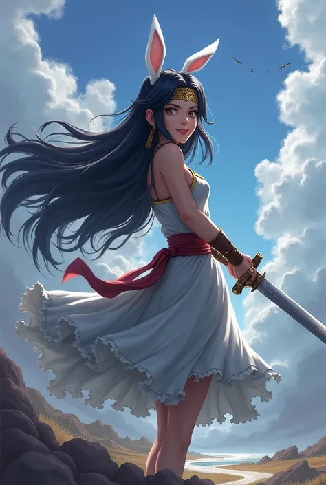 A brave woman with long black hair,White rabbit ears,Equip a sword,Forehead protector,Dragon Quest Wind,smile, To confront,