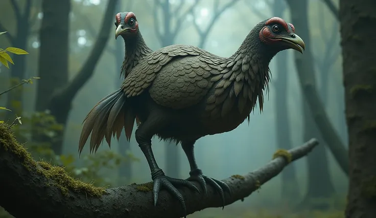 In the strange forest，There is a three-headed chicken bird standing on a tree trunk，Six legs side by side on the same body，There is a wing on the back(best quality，4K，8k，High level，masterpiece：1.2），Ultra Detailed，（lifelike，Photo real，Photo real：1.37）(best ...