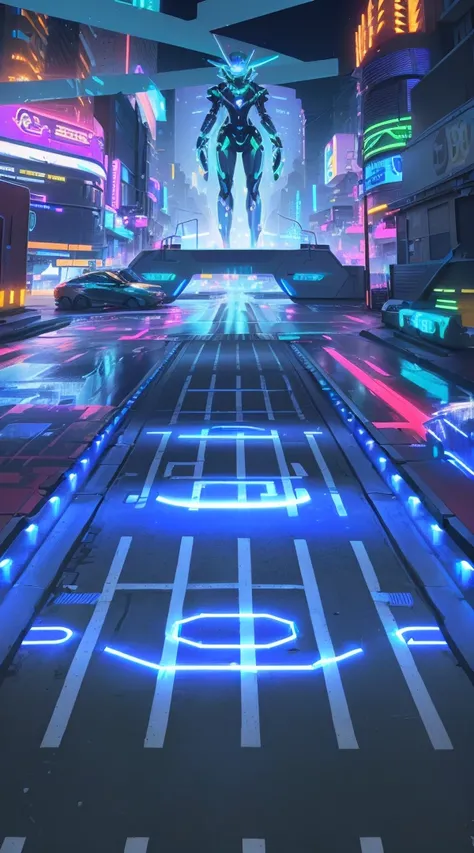 Future city close-up，There is a future car on the road,Close-up of a street，Street with neon lights and a neon arrow, neon road, Futuristic Street, Art Deco Beyond Anime Aesthetics, Beyond style and color, Future city streets, Cyberpunk city street backgro...