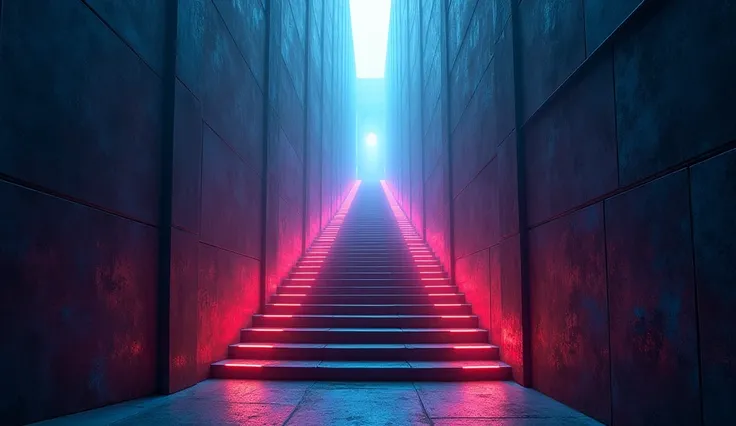 A mysterious staircase leading upwards, adorned with colorful lights and shadows, symbolizing the journey towards self-improvement, color contrast, with color enhanceme