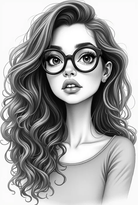 woman with long curls chubby glasses in drawing