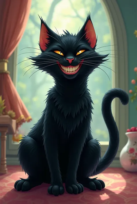 A black cat laughing in despair with a Disney style.