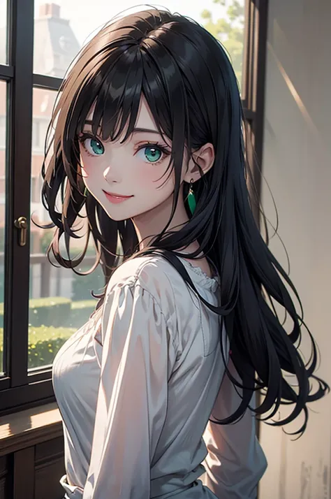 Masterpiece、Highest quality、8k、One Pretty Woman、20-year-old、Long Wavy Hair、Black Hair、bangs、Emerald green eyes、Big eyes、smile、Fair skin、Slender body、White blouse