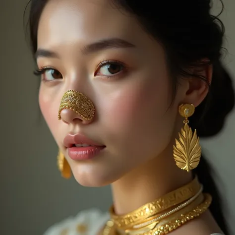 Make gold jewelry focus on gold details nose ring with ancient greek carving with feather silhouette of goddess hera on beautiful mongol female model closeup