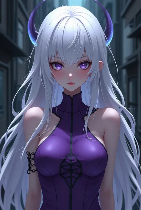 emo anime with long white hair in sexy purple clothes