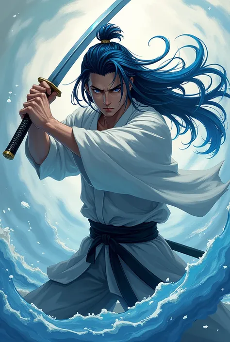  A guy using a katana with water around the katana and he has long hair with blue tips