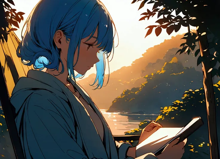 For the image, You could also feature a stylized illustration or a photo of a girl enjoying music., Soft lighting and a tranquil outdoor atmosphere、Surrounded by a calm atmosphere.、Face is front、Blue Hair