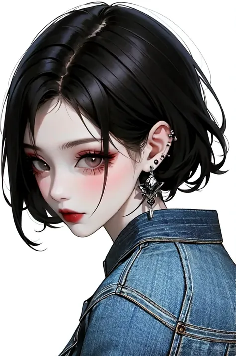 1 girl,One, shaved temple, black hair, dress, deep cut, draw up, monochrome, White background, earrings, split, piercings , spot color, dark theme,brilliant, jeans 