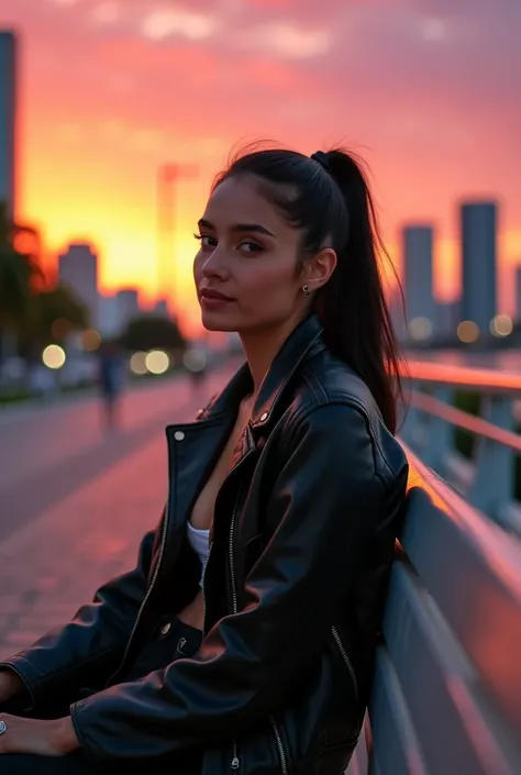 a young adult spanish woman, she has her hair in a ponytail, she wears a black leather jacket, sitting on a public seat on a sidewalk, miami in the background, sunset the pink sky, 4K HDR phographie