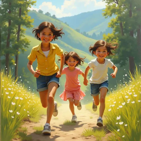 Short-haired mother and  sister and  sister，Side view oil painting of three people happily chasing and running in nature。

