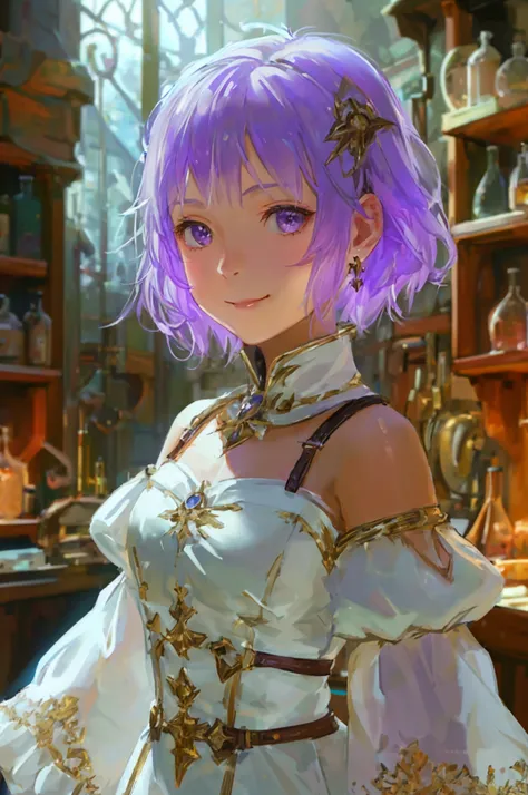 1 girl 14 yo, short lilac hair, bight silver eyes, pure face (cheerful), gentle smile, fantasy theme, long polite white robe finely detail, short dark leather boots, adorable face, beautiful face, alchemist background (best detail), polite pose, Europe alc...