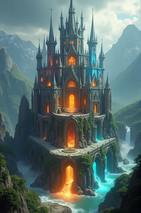 Design a humagous castle based around the theme of fire water air and earth