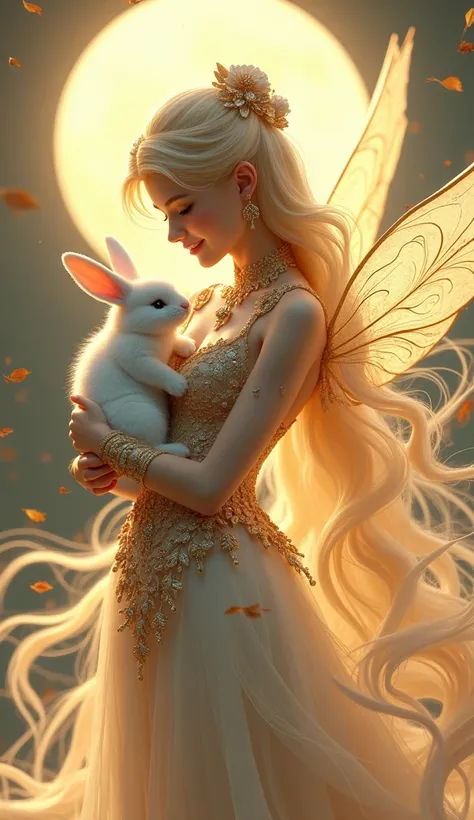 hyperrealistic full-body illustration, (beautiful moon fairy:1.3), (looking at the bunny with love:1.3), (captivating smile:1.2), long flowing hair adorned with delicate ornaments, (elaborate and ornate gown with golden embroidery:1.3), (intricate jewelry ...