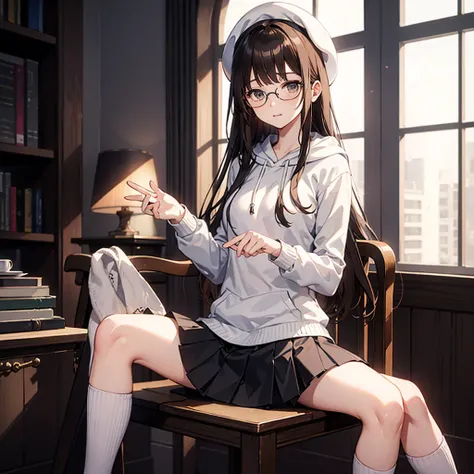 Real、Highest quality、Slender beauty、Straight Hair、(Brown hair)、Glasses、Shyness、Long Hair、ugly eyes、E Cup、2、Short skirt、White sleeveless sweater、Grey hoodie、Black knee-high socks、beret、Naughty pose、Inside the room、Sitting on a chair