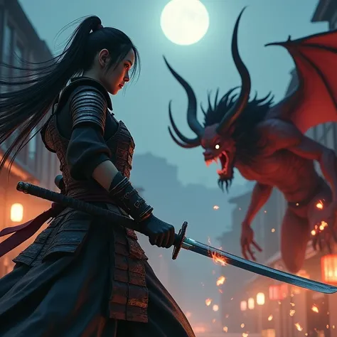 there is a woman samurai trying to stop a red skinned demon in the streets at night. A Japanese woman samurai, a female warrior, ultra detailed face (best details, Masterpiece, best quality), pale skin, long hair, black hair, dynamic eyes color, armed with...