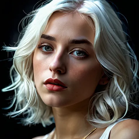 A beautiful detailed portrait of a young woman with striking white hair, set against a dark and dramatic background. Her face is rendered with incredible realism and depth, with carefully detailed features including piercing eyes, a delicate nose, and full...