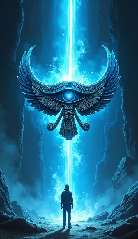 Create an image of the Eye of Horus, floating in the air like an amulet of power, with a mystical blue glow around it. The Eye must be protecting a person from curses, as an evil shadow dissolves as it tries to get closer. Classic webcomic 