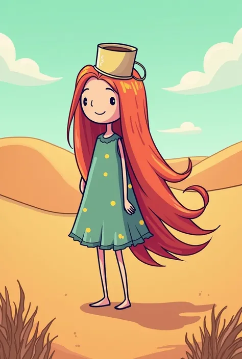 Create a image long hair , desert view and cover to head with cup , cartoon 
dress  