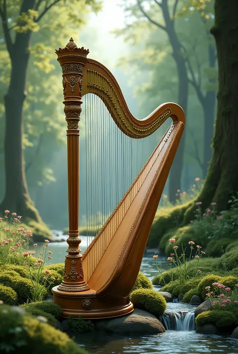 A grand harp is placed in the middle of beautiful nature.、There is a name for memory