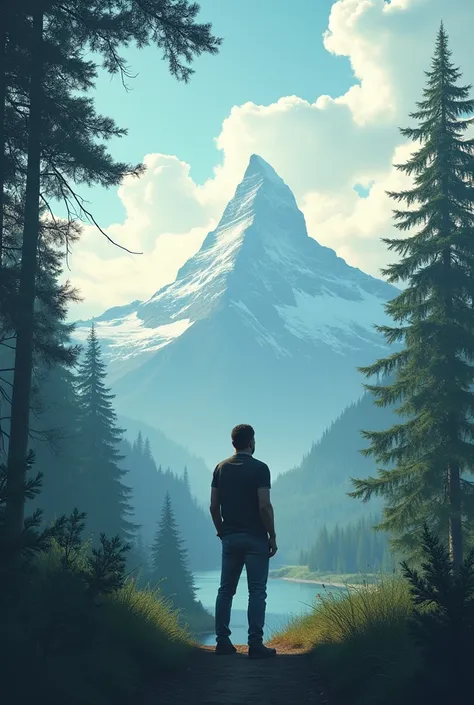 a man is alone thinking about life with a mountain in the background and looking at the sky and many trees