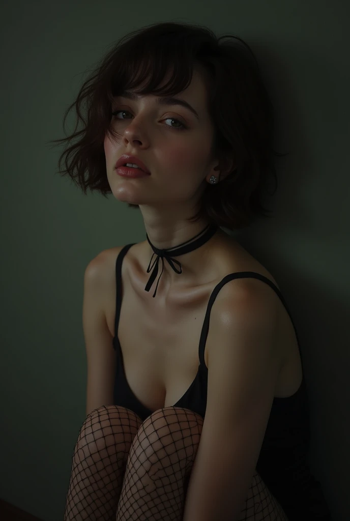 ((s0ph)), Sophia Lillis nude, choker, fishnet stockings, head bowed ,insinuating,short hair, parts , hornless, no fox ears,front view, face up ,whole body,nice ass,slim, skinny