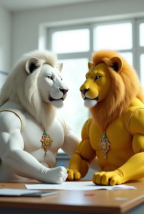 A white lion and a yellow lion in a white shirt, showing muscles from under the shirt, doing a math lesson in the math room, holding a pen on the white lion&#39;s uniform, Islam written as a jewel on the yellow lion&#39;s uniform.white lion Islam yellow li...