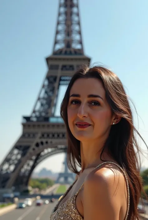 a woman realistic in front of the eiffel tower watching to camera selfie style, UHD, retina, masterpiece, accurate, anatomically correct, textured skin, super detail, high details, high quality, award winning, best quality, highres