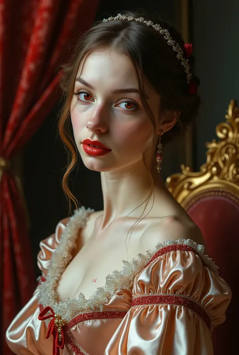 (High resolution,masterpiece:1.2),(Realistic:1.37)Portrait of an 18th century Russian vampire girl of unparalleled beauty. She has captivating red eyes and delicate rosy lips. Long fangs, The portrait is carefully drawn down to the smallest detail., Captur...