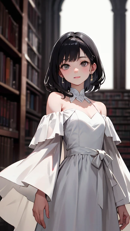 best quality、masterpiece、Practical、RAW photos、A girl、Cute face、１６talent、Black Hair、Gray eyes、Small Breasts、White off-shoulder dress、White Dress、Low light、Cool colors、Fascinating eyes、Foggy atmosphere、Mysterious atmosphere、sharp contrast、Beautiful posture、H...