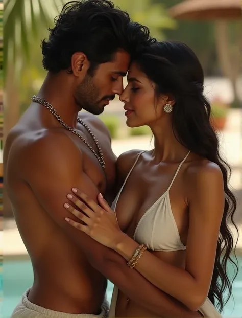 close up image, very Beautiful Indian indian woman and handsome Indian man having romance, soft natural lighting, woman wearing very deep neck deep neck front open strapless wet white very thin top, man is pressing her breast, man is sitting on her hips, v...