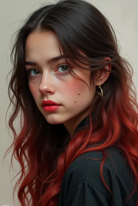 A female Spanish student of Gryffindor House, with long wavy red-black hair, slanted grey eyes, fair skin, two moles under her right eye, and plump, natural red lips.