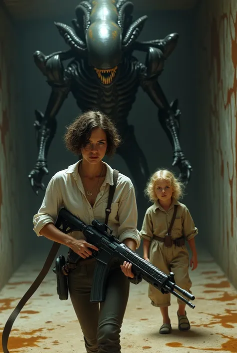 Generate a woman with short curly hair, in a white blouse, and she is with a little blonde girl in old clothes, the woman is holding a machine gun, and she is sweaty, and in a dark place with sticky eggs of beige goo stuck to the floor, they are slimy and ...