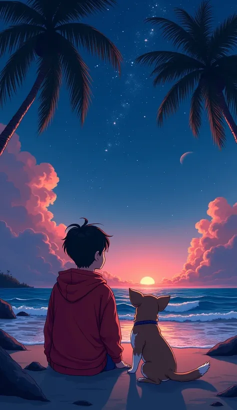 Draw an anime illustration of a guy of boy with red hoodie with his cute dog sitting near shore (back view)looking at dark blue sky and red layered puffy clouds, palm trees, night, blue pink dark sky with stars, windy, high tide, clouds, beautiful sky, bea...