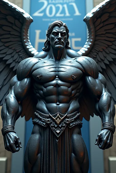 Muscular iron mascot of Saint Michael with name Saint Michael on chest in blue and white with name Saint Michael in background 