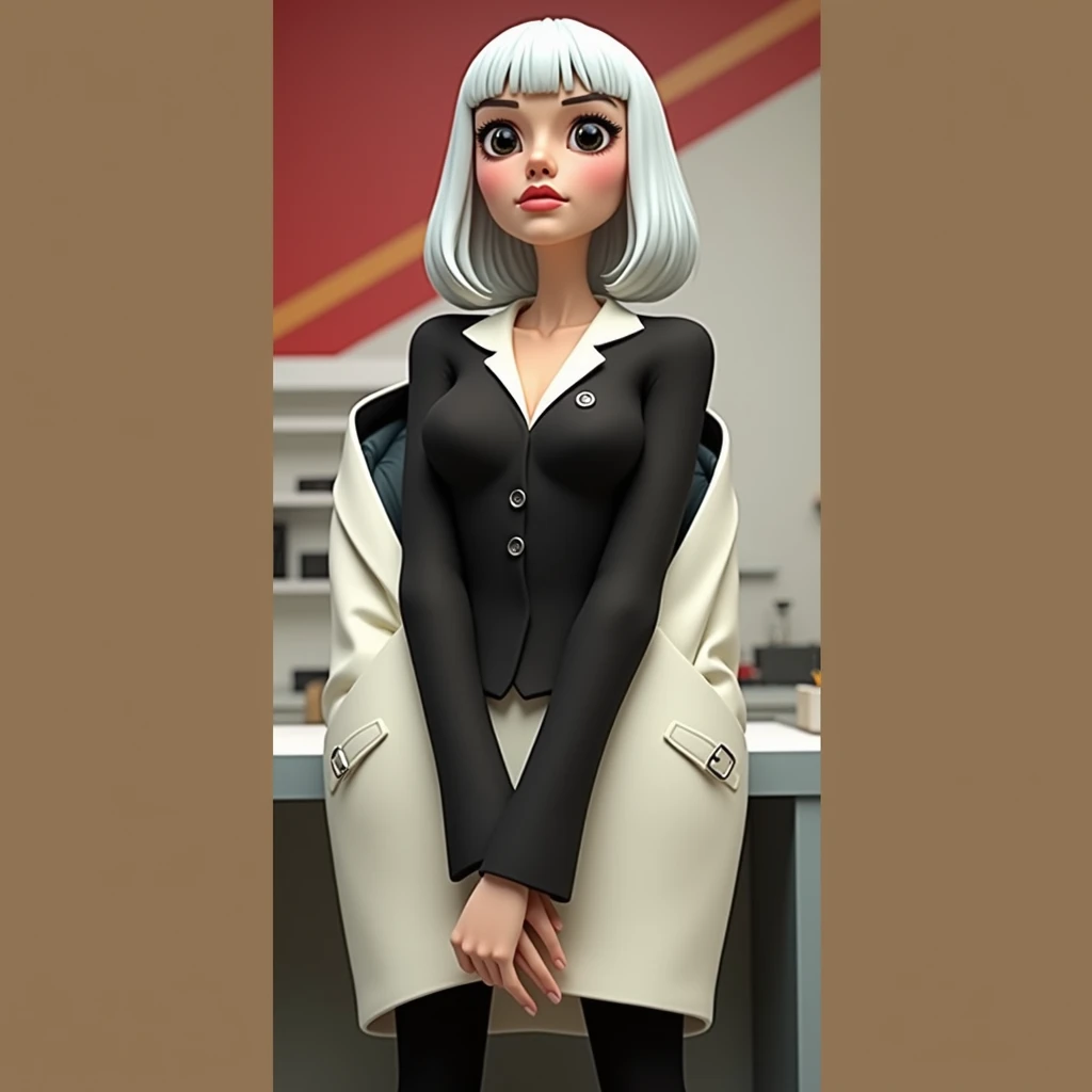 3d cartoon of a woman, short, straight and black hair, black eyes, looking forward wearing formal clothes