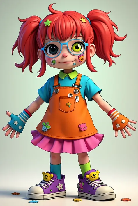 red hair with green bangs, tied in two low ponytails with yellow flowers with neon blue centers. Blue safety glasses with orange lenses. Left eye completely black, the right one is blue and has a yellow pupil in the shape of a smile. there are stickers on ...