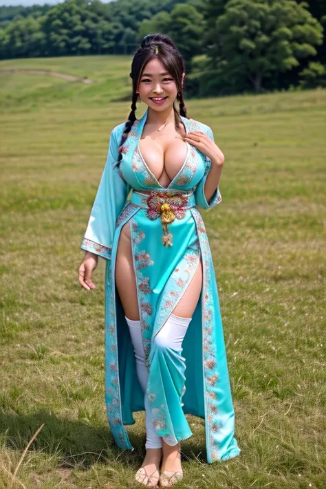 High quality, super detailed, beautiful image, perfect anatomy, HDR, serious Japanese boy feminized, Mongolian woman in national costume with ample breasts over 100cm, grassland, full body, dale with cleavage emphasis, ecstatic smile