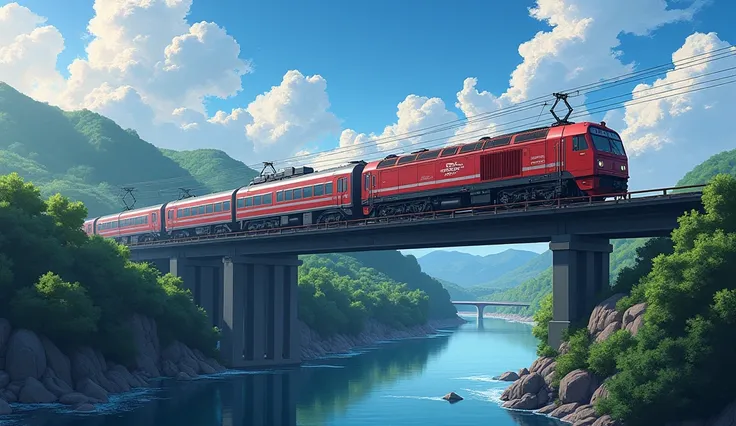 The train was going over the river and over the bridge anime