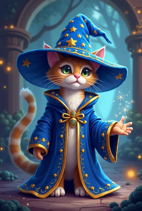 Create a wizard cat, wearing a blue wizard&#39;s hat and robe with golden trim (em pixel art)