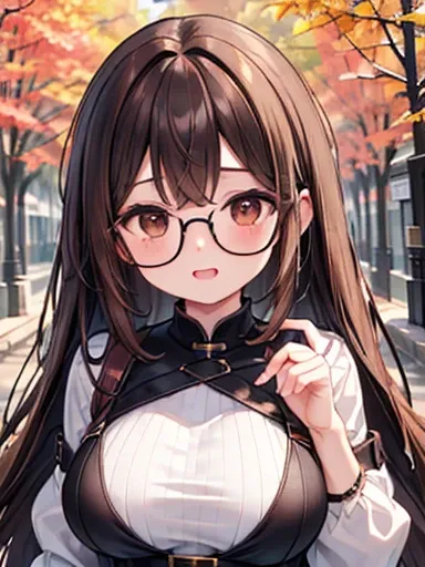 1 female、Brown haired(like)、Brown eyes、Black-rimmed glasses、Highest quality、Ultra-detailed、8k resolution、RAW Photos、Tabletop、Fascinating、Gorgeous face、Perfect body、Laughter、Autumn walks,Large Breasts