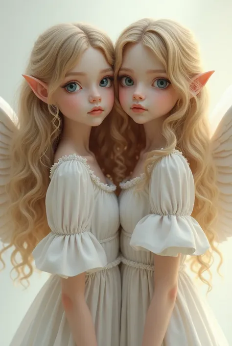 2 girl, long curly hair and dark blonde, slightly pointed ears and angel wings, dark blue eyes , white dress, doesn&#39;t look like a child


